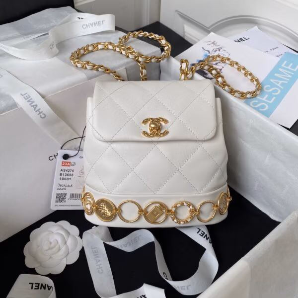 Chanel Charm Mini Women's Backpack Smooth Leather Replica 1:1 White 18x18x8cm