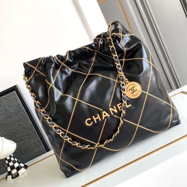 Chanel 22 Shopping Bag For Women, Smooth Leather, Black, Like Auth, 35cm