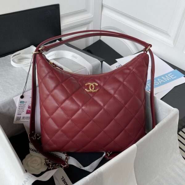 Chanel Hobo Handbag Lambskin Red 30x31x8cm