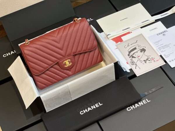 Chanel Classic Jumbo Handbag Carvia Grain Leather Like Auth Red 30cm
