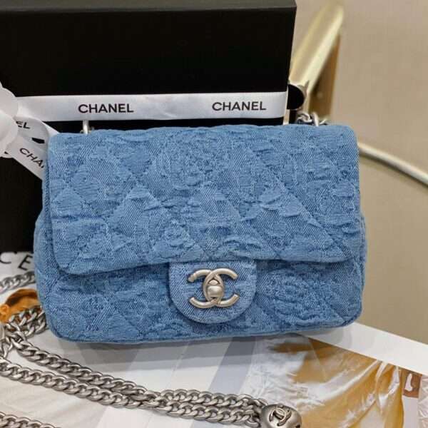 Chanel Flap Handbag Casvan Fabric For Women Like Auth Blue 19cm