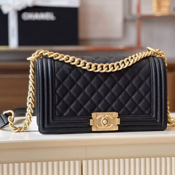 Chanel Boy Medium Rep 11 High-end Women's Handbag Black Gold Lock 25cm