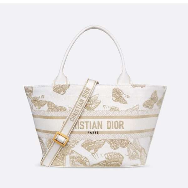 Christian Dior Hat Basket Bag Butterfly Zodiac Motif Canvas White/Gold