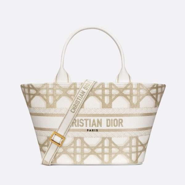 Christian Dior Hat Basket Bag Macrocannage Motif Canvas Gold