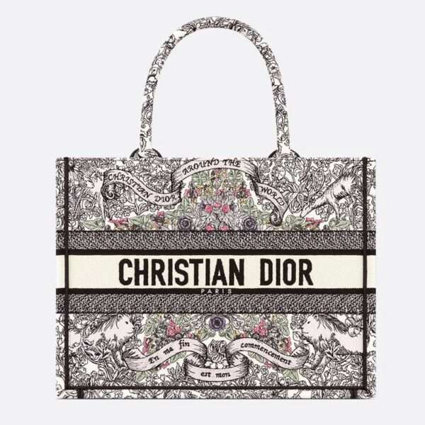 Dior Book Tote Flowers Around the World Motif Canvas White