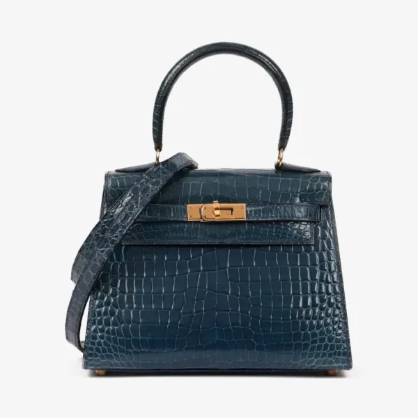 Hermès Blue Tempete Shiny Porosus Crocodile Leather Vintage Kelly 20cm Sellier