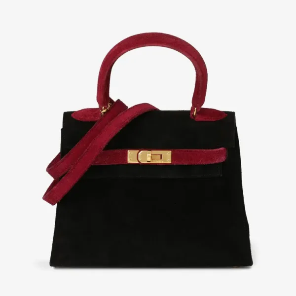 Hermès Framboise & Black Veau Doblis Suede Vintage Kelly 20cm Sellier