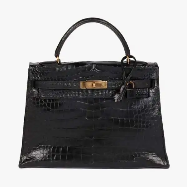 Hermès Black Shiny Porosus Crocodile Leather Vintage Kelly 32cm Sellier