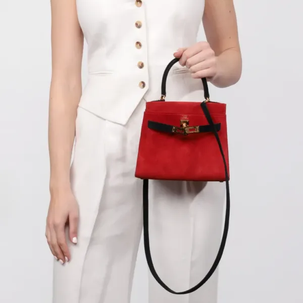Hermès Rouge Vif & Black Veau Doblis Suede Vintage Kelly 20cm Sellier