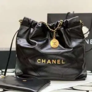 Chanel 22 Shiny Calfskin Shopping Fake Handbags Black With Wallet 22cm