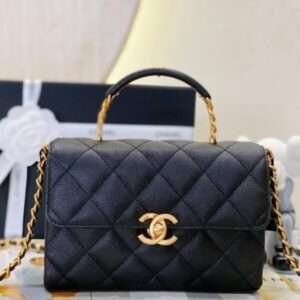 Chanel Handle Woman’s Black Leather Super Fake Handbags Pebbled Leather 19cm