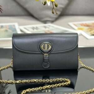 Dior Bobby Fake Handbags Leather Black Clock Yellow Gold 21.5x12x4cm