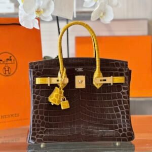 Hermes Birkin Crocodile Replica 1:1 Handbags Woman’s Brown With Handle Yellow 30cm