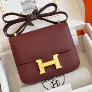 Hermes Constance Bag Epsom Gold Dark Red Super Fake Handbags 19cm