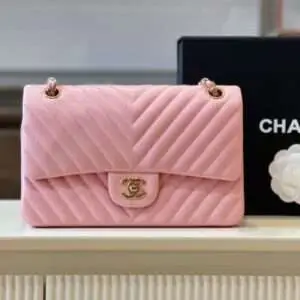 Chanel Classic Super Fake Handbags V-Pattern Pink Lock Gold 23cm