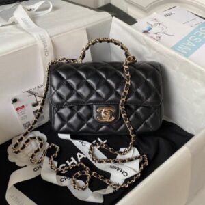 Chanel Fake Handbags Black Demi Lock Gold Wrinkled Skin 20cm