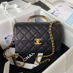 Chanel Handle Bag Lumpy Skin Fake Handbags Black With Lock Gold 19cm