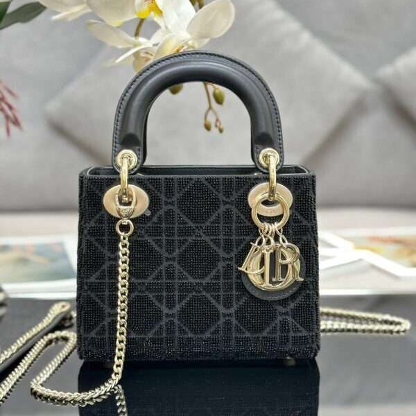 Dior Lady Super Black Beaded Handbag 17x15x7cm