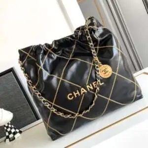 Chanel Super Fake 11 Handbag 22 Shipping Smooth Leather Black Gold Lock 35cm