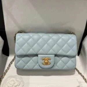 Chanel Classic Bell Bag Handbag Sheepskin Blue Like Auth Lock Gold 20cm