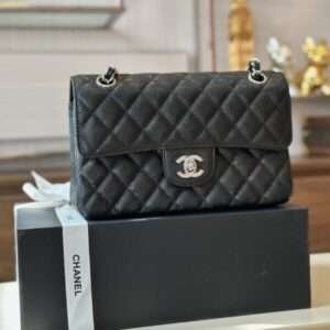 Chanel Classic Fake 11 Handbags Woman’s Black Leather Lock Silver 23cm