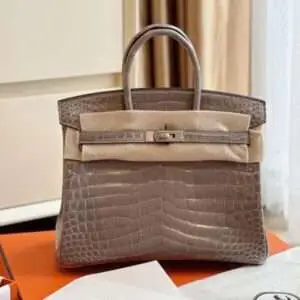 Hermes Birkin Crocodile Like Auth Woman’s Silver Handbags Brown 25cm