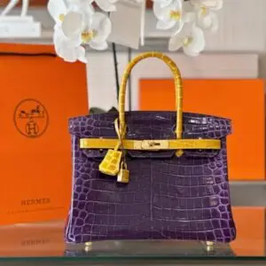 Hermes Birkin Crocodile Mix Purple With Handle Yellow Like Auth Handbag 30cm