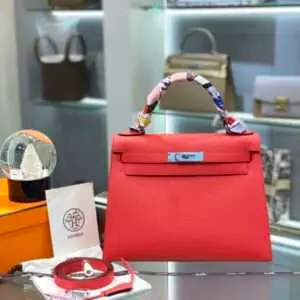 Hermes Kelly Like Auth Red Woman’s Imported Leather Handbags 28cm