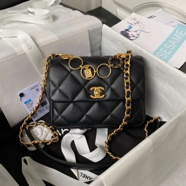 Chanel Like Auth Smooth Black Leather Handbags Demi Lock Black Gold 13x17x6cm
