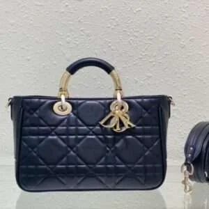 Dior Lady Super Fake 11 Handbags Plated Gold Smooth Leather 24x18cm