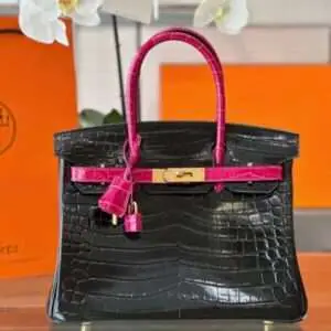 Hermes Birkin Woman’s Crocodile Mix Black Handle Pink Handbags Like Auth 30cm