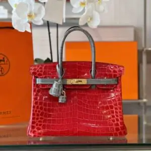 Hermes Birkin Crocodile Mix Red With Grey Like Auth Handbags Lock Gold 30cm