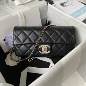 Chanel With Lock Pearl Fake Handbags Black Demi Handle 26×11.5x4cm