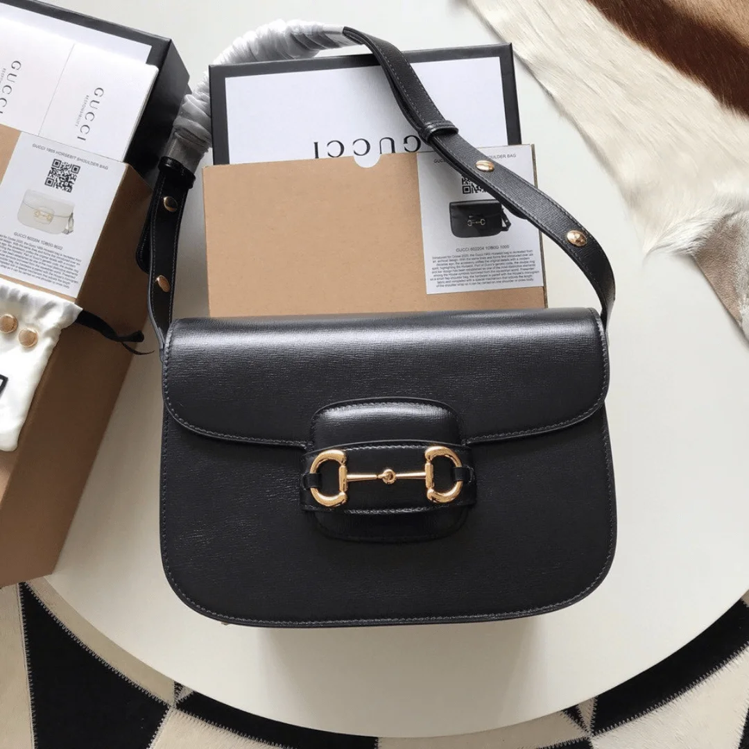 Gucci 1955 Horsebit Like Auth Handbag Black Smooth Leather 25cm