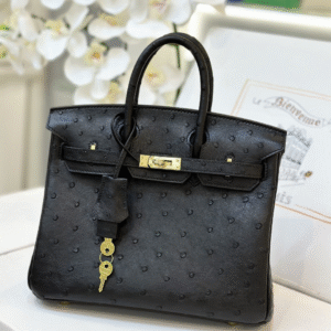 Hermes Birkin Ostrich Leather Fake Handbags Black Lock Gold 25cm