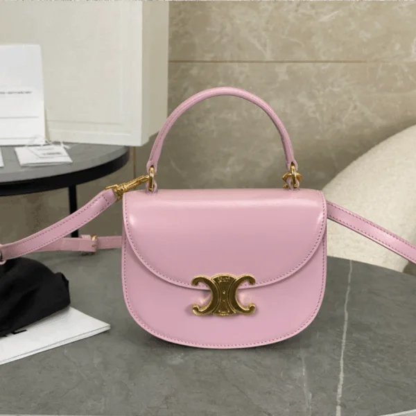 Celine Handle Shiny Wrinkled Leather Pink 15.5×11.5x5cm