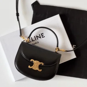 Celine Mini Crossbody Fake Handbag Black Leather Strap Gold Lock 15.5x11cm