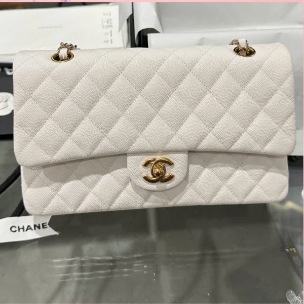 Chanel Classic Woman’s White Like Auth Handbags Lock Gold 25cm