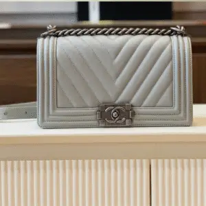 Chanel Boy Medium Fake Handbags Grey Leather With Silver Lock 25cm