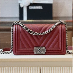 Chanel Boy Medium Fake Handbag Woman’s V-Pattern Red Leather 25cm