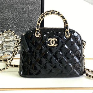 Chanel Alma Mini Shiny Leather Fake Handbags Black Lock Gold 12cm