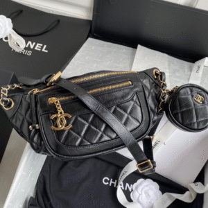 Chanel Bumbag Black Wrinkled Leather Lock Gold Fake Handbags 34x15x6cm