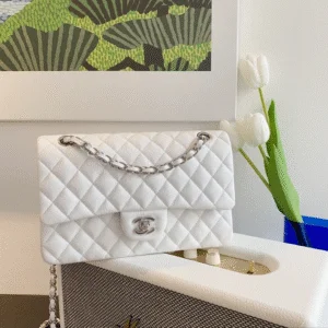 Chanel Classic Fake Handbags Lizard Skin White With Silver Lock 25cm