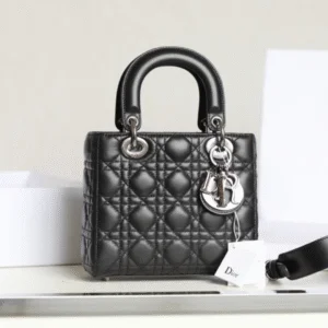 Dior My Lady Like Auth Women's Handbag Black Silver Lock 20x16cm