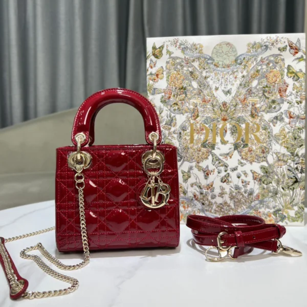 Dior Lady Mini Super Quality Women's Handbag, Glossy Red, 17cm
