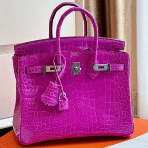 Hermes Birkin Crocodile Like Auth Handbags Woman’s Purple Lock Silver 25cm