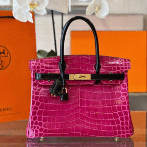Hermes Birkin Crocodile Like Auth Woman’s Pink With Handle Black Handle 30cm