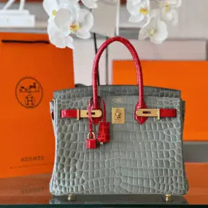 Hermes Birkin Crocodile Mix Grey With Red Handle Fake Handbags Woman’s 30cm