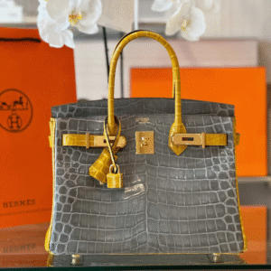 Hermes Birkin Crocodile Mix Grey With Handle Yellow Fake Handbags 30cm