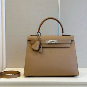 Hermes Kelly Lock Silver With Brown Handle Pattern Lock Fake Handbag 28cm